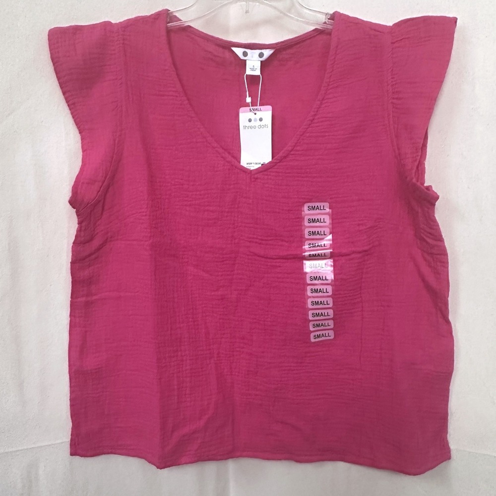 NWT Three Dots Fuchsia Pink Double Cloth Cotton‎ Gauze Flutter Sleeve Top Sz. S